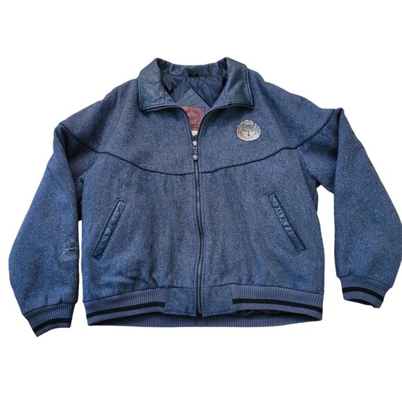 Mid West Garment L Wool Blend Charcoal Gray Bomber Jacket Embroidered Wolf Patch - Picture 1 of 12